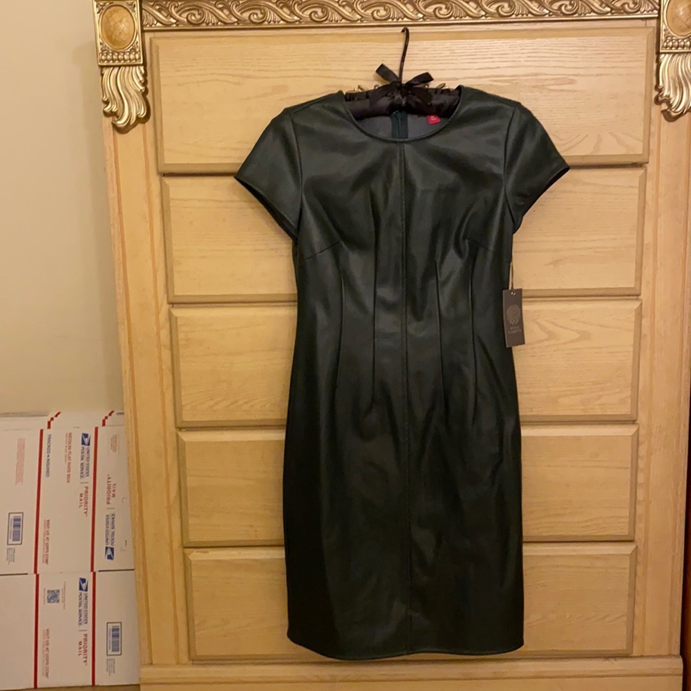 NWOT Vince Camuto faux leather short sleeve knee length work party dress